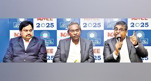 (From R) ACMEE 2025 Chairman PS Ramesh, AIEMA President RSS Satish Babu and ACMEE 2025 Convener G Venu during a press meet on Monday announcing the 16th International Machine Tools Expo to be held in Chennai