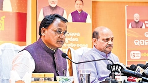 CM Mohan Charan Majhi speaks to the media along with BJP state president Manmohan Samal.