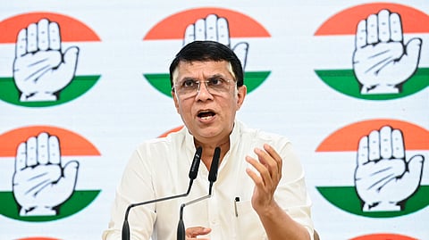 Congress Spokesperson Pawan Khera addresses a press conference at the AICC headquarters in New Delhi.