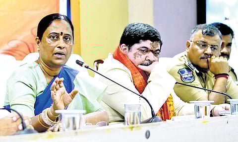 Minister Konda Surekha speaks, while her colleague Ponnam Prabhakar looks on, during a review meeting on the Bonalu festival in Hyderabad on Tuesday