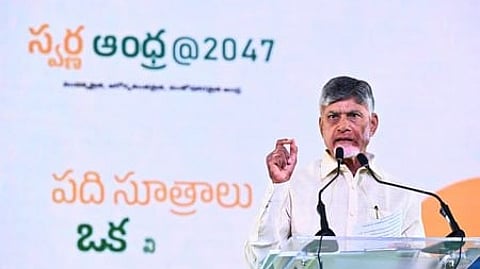 CM Nara Chandrababu Naidu, deputy CM Pawan Kalyan and other ministers during the unveiling of Swarna Andhra @ 2047 in 2024.