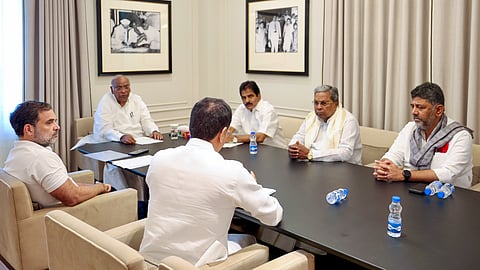 Congress President Mallikarjun Kharge, LoP in the Lok Sabha and party leader Rahul Gandhi, and party leader KC Venugopal with Karnataka Chief Minister Siddaramaiah and Deputy CM DK Shivakumar during a meeting at the party HQ in New Delhi on Tuesday.