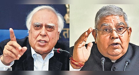 (L) Rajya Sabha MP and SCBA president Kapil Sibal; (R) Rajya Sabha Chair and Vice President Jagdeep Dhankhar