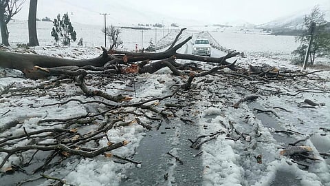 Snow covers the N2 road heading to Nolangeni, South Africa, Tuesday, June 10, 2025.
