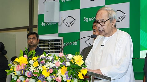 BJD president Naveen Patnaik addresses partymen during launch of Jana Jagaran Abhijan on Tuesday.