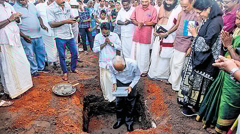 Former chief secretary K Jayakumar laying the foundation stone for the proposed memorial for Joseph Nicephore Niepce at Vathikulam near Mavelikkara.