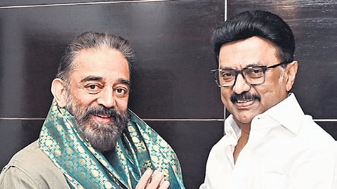 Makkal Needhi Maiam (MNM) president Kamal Haasan with CM MK Stalin