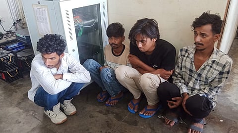 Raj Kushwaha (right), the alleged boyfriend of Sonam Raghuvanshi, seen in Meghalaya Police custody along with the contract killers they allegedly hired to murder Raja Raghuvanshi.