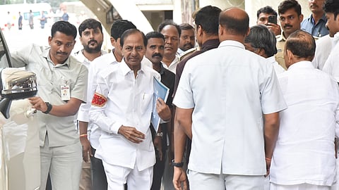 Former Telangana Chief Minister K Chandrasekhar Rao appears for a deposition by the PC Ghosh commission to probe irregularities in the Kaleshwaram project in Hyderabad on Wednesday.