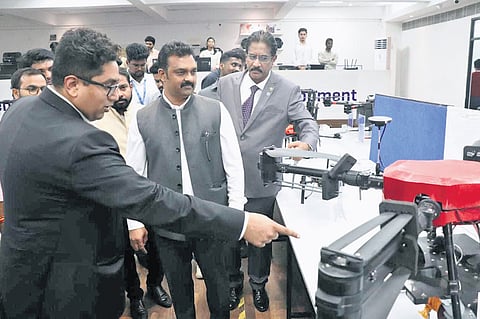 Union Minister Kamlesh Paswan at the Agri-Drone Indigenisation Facility of Garuda Aerospace in Chennai on Thursday