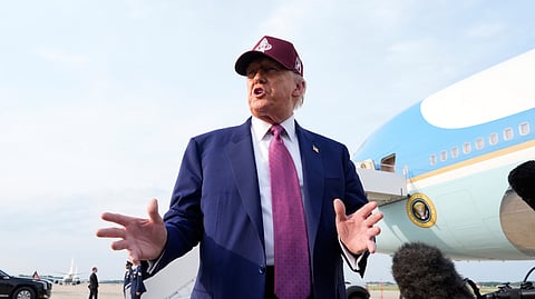 US President Donald Trump speaks to reporters after arriving on Air Force One, Tuesday, June 10, 2025, at Joint Base Andrews, Md.