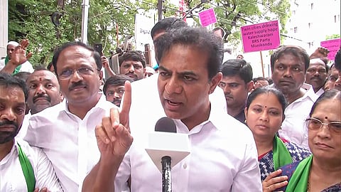BRS Working President KT Rama Rao speaks to media in Hyderabad on Wednesday.