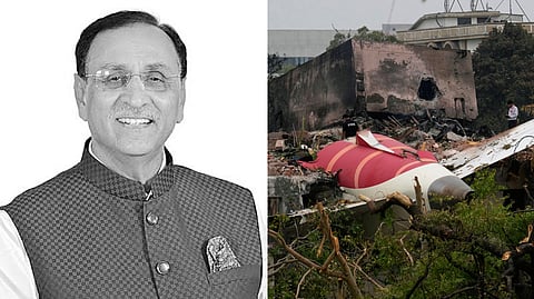 (L) Former Gujarat Chief Minister Vijay Rupani was among the casualties from the AI171 crash. (R) Parts of an Air India plane that crashed on Thursday are seen on top of a building in Ahmedabad.