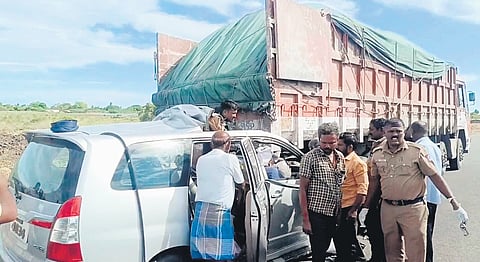 The wrecked car on the Thoothukudi–Madurai NH on Friday. Cops carrying out rescue operations
