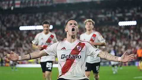 Franco Mastantuono of Argentina's River Plate celebrates after scoring from the penalty spot his side's third goal against Ecuador's Independiente del Valle during a Copa Libertadores Group B soccer match.