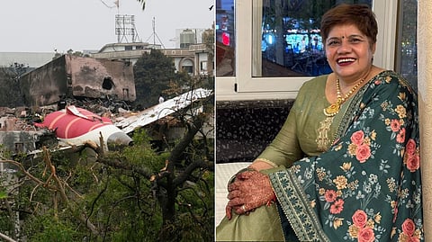 Anju Sharma (R) was among the 241 victims of the AI-171 crash. (L) Charred debris from the Air India flight at the crash site in Ahmedabad.