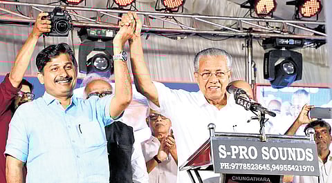 Chief Minister Pinarayi Vijayan and LDF candidate M Swaraj during the election campaign at Edakkara on Saturday