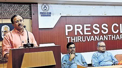 Former Union minister V Muraleedharan speaking at a function organised by Mera Yuv Bharat and Global Givers Foundation on Saturday