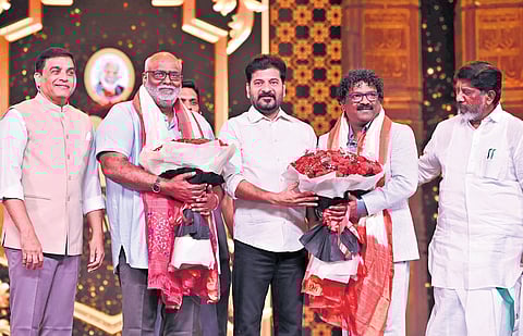 CM Revanth Reddy felicitates Telugu film personalities on the occasion of Gaddar film awards function on Saturday