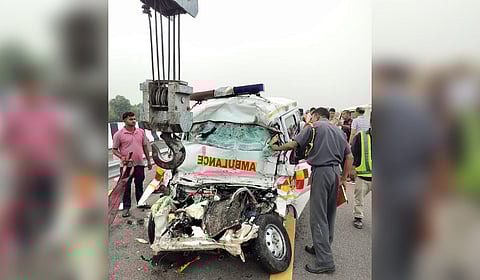 Wreckage of an ambulance after its collision with a mini truck on Purvanchal Expressway, in Amethi district, Uttar Pradesh, Sunday.