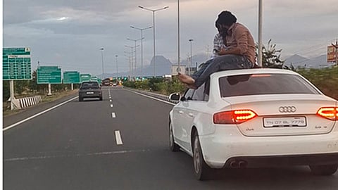 Tirunelveli police on Sunday arrested two youths in Thoothukudi for dangerously travelling on the roof of an Audi car along an accident-prone stretch of the Tirunelveli-Kanniyakumari National Highway.