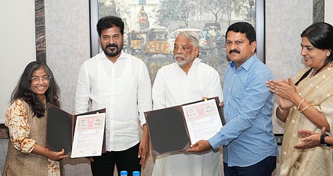 Telangana State Education Department signs an MoU with Prajwala Foundation in the presence of Chief Minister A Revanth Reddy in Hyderabad on Sunday.