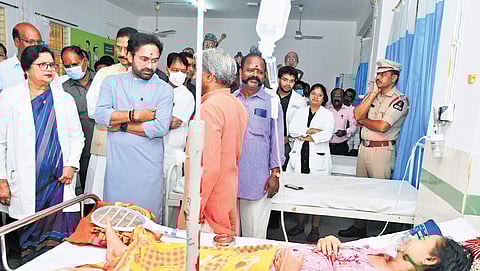 Union Minister G Kishan Reddy interacts with patients during his visit to Gandhi Hospital in Musheerabad on Monday.