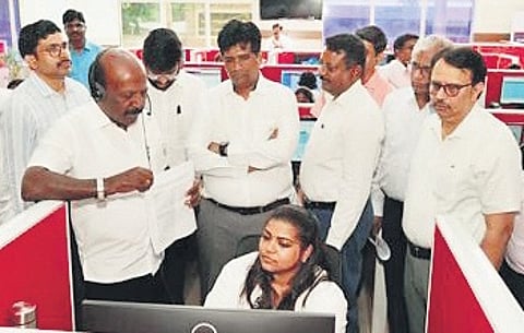 Health Minister Ma Subramanian at the helpline centre on DMS campus.