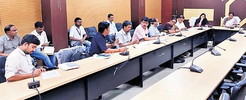Health secretary Aswathy S chairing the review meet in Jajpur on Monday