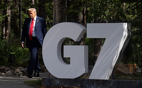 United States President Donald Trump makes his way to the official welcome at the G7 Summit in Kananaskis, Alberta, Canada, Monday, June 16, 2025