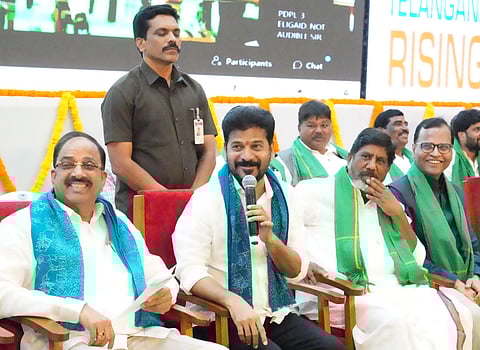 Chief Minister A Revanth Reddy participates in Rythu Nestham (Rythulatho Mukhyamanthri Gari Mukha Mukhi) at PJT Agricultural University Auditorium in Rajendranagar, Hyderabad.