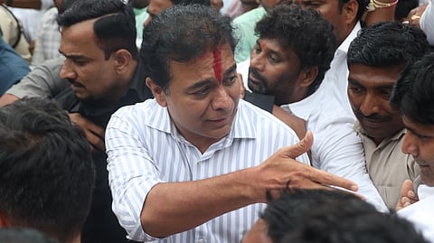 BRS Working President KT Rama Rao arrives at Telangana Bhavan after attending the ACB inquiry related to the Formula E Race case in Hyderabad on Monday.