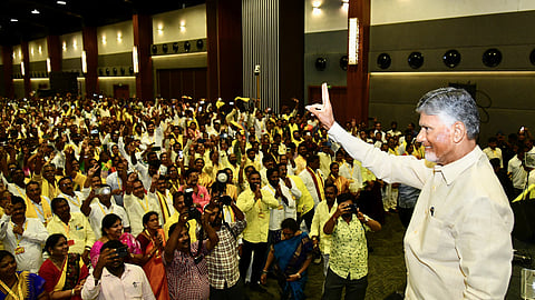 CM Nara Chandrababu Naidu during meeting with Vizag district TDP leaders and cadre on Monday.