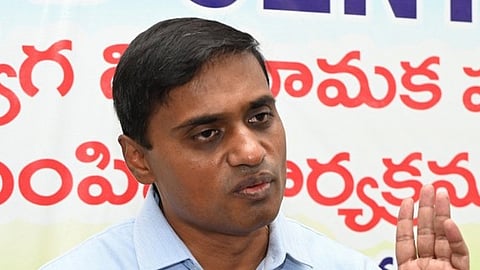 MP PV Midhun Reddy addressing a press conference in Tirupati.