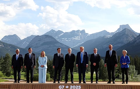 G7 leaders pose for a photo during the G7 Summit, in Kananaskis, Alberta, Monday, June 16, 2025.