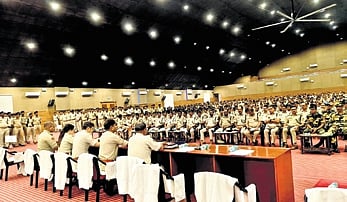 Twin City commissioner S Deva Datta Singh briefs police personnel.