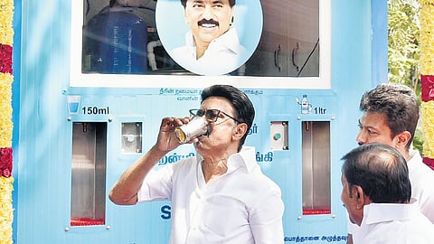 Chief Minister MK Stalin, after the inauguration, taking a sip at a kiosk installed at the Marina on Wednesday.
