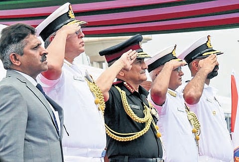 Chief of Defence Staff, General Anil Chauhan and Vice Admiral Rajesh Pendharkar, FOC-in-C ENC, commission INS Arnala at the Naval Dockyard.