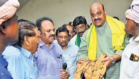Agriculture Minister K Atchannaidu inaugurates the tobacco procurement centre and takes part in a farmers' rally in Parchur in Bapatla district