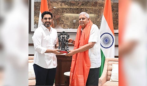 IT Minister Nara Lokesh with India’s Vice-President Jagdeep Dhankhar in New Delhi on Wednesday