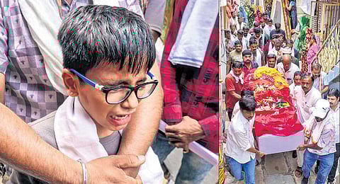 Mandip, son of Ranvirsinh Chavda and Chetna Chavda, both of whom died in the Ahmedabad crash, mourns in front of parents’ remains .
