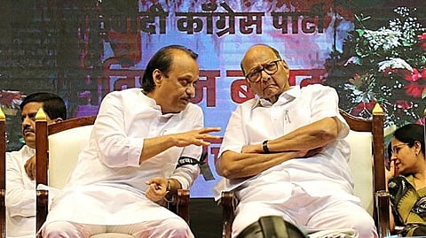NCP(SP) chief Sharad Pawar (R) with Maharashtra Deputy CM Ajit Pawar.