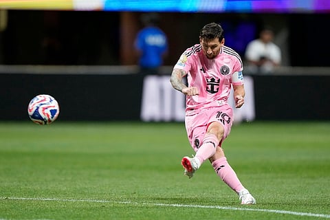 Inter Miami's Lionel Messi scores his side's second goal during the Club World Cup group A soccer match between Inter Miami and FC Porto in Atlanta, Thursday, June 19, 2025.