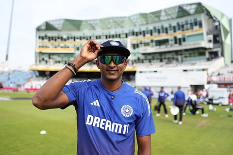 Sai Sudharsan poses with his test cap before the start of the first test between England and India at Headingley