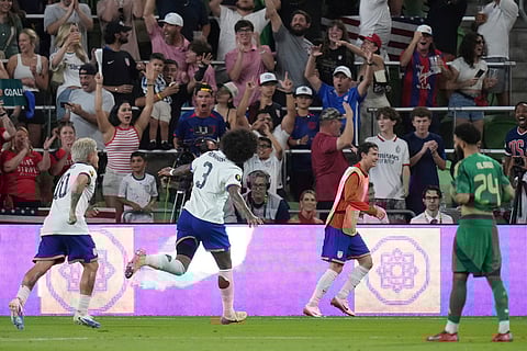 United States' Chris Richards (3) celebrates his goal against Saudi Arabia during a CONCACAF Gold Cup soccer match, Thursday, June 19, 2025, in Austin, Texas.