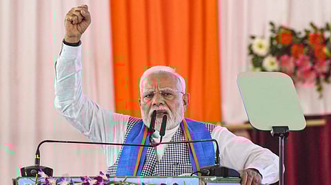 Prime Minister Narendra Modi addresses a public meeting, in Siwan district, Friday, June 20, 2025.