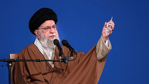 Iranian supreme leader Ayatollah Ali Khamenei speaks to a group of people and officials in Tehran, Iran, Friday, March 21, 2025.
