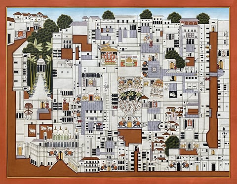 The Haveli of Shrinathji, Stone color on Cloth, 14 x 18 inches