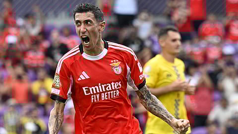 Benfica's Angel Di Maria celebrates after scoring a penalty, his side's first goal, during the Club World Cup Group C soccer match between Benfica and Auckland City in Orlando, Fla., Friday, June 20, 2025.