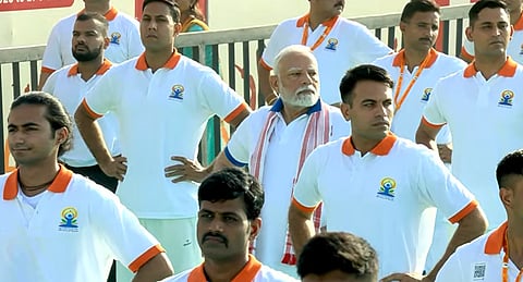 Prime Minister Narendra Modi takes part in a yoga session during 11th International Day of Yoga celebrations, in Visakhapatnam, Andhra Pradesh.